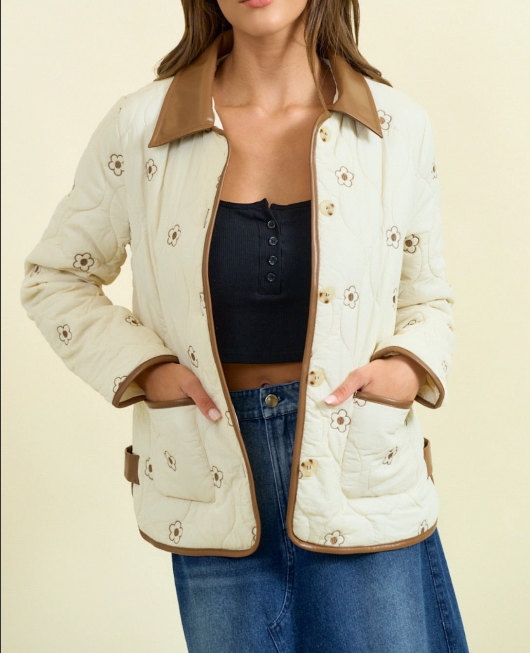 Leather Collar Floral Embroidery Quilt Jacket