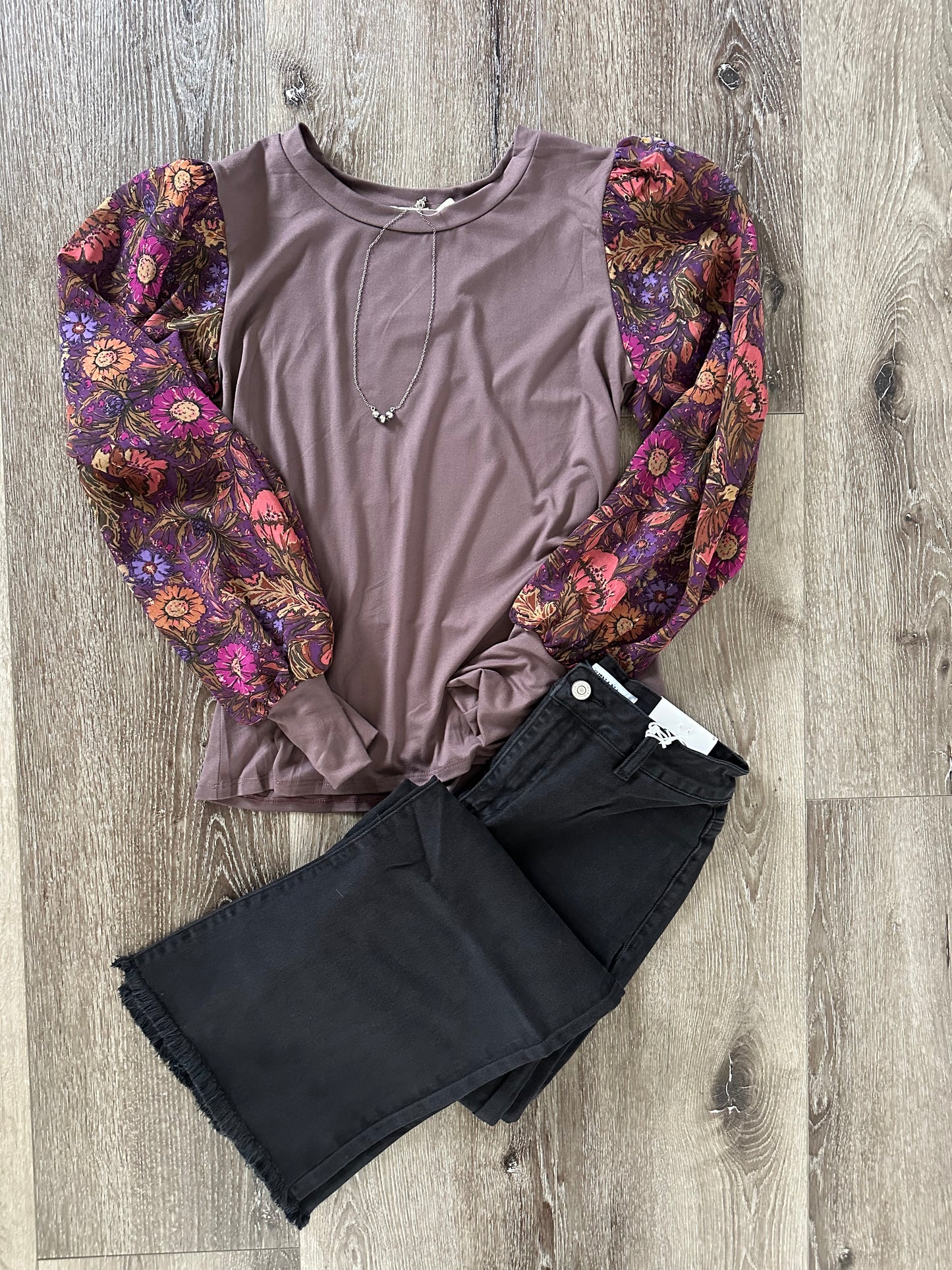 Solid Top with Printed Floral Sleeves