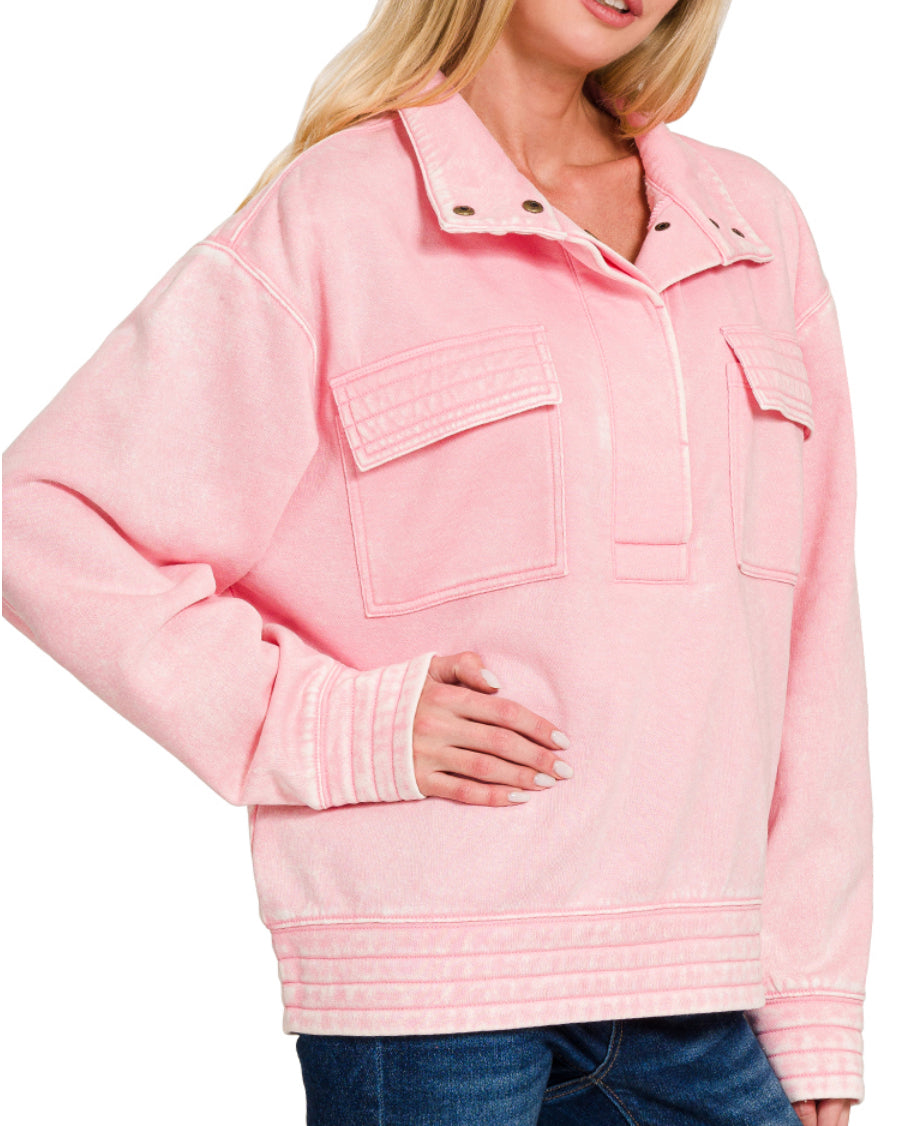 PINK HALF SNAP BUTTON FRONT SWEATSHIRT
