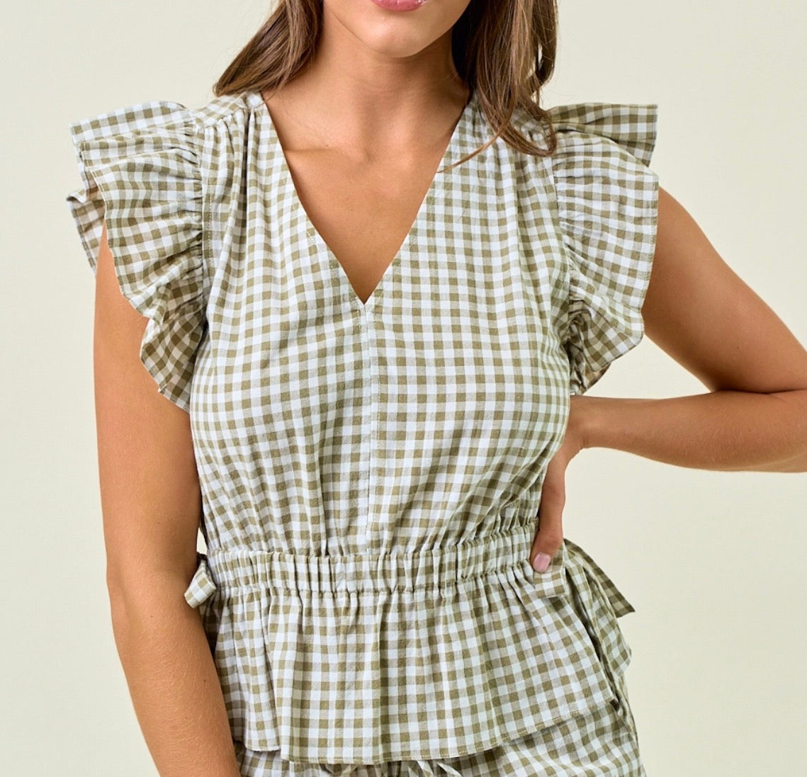 Gingham Ruffle Peplum Top w/ Side Tie