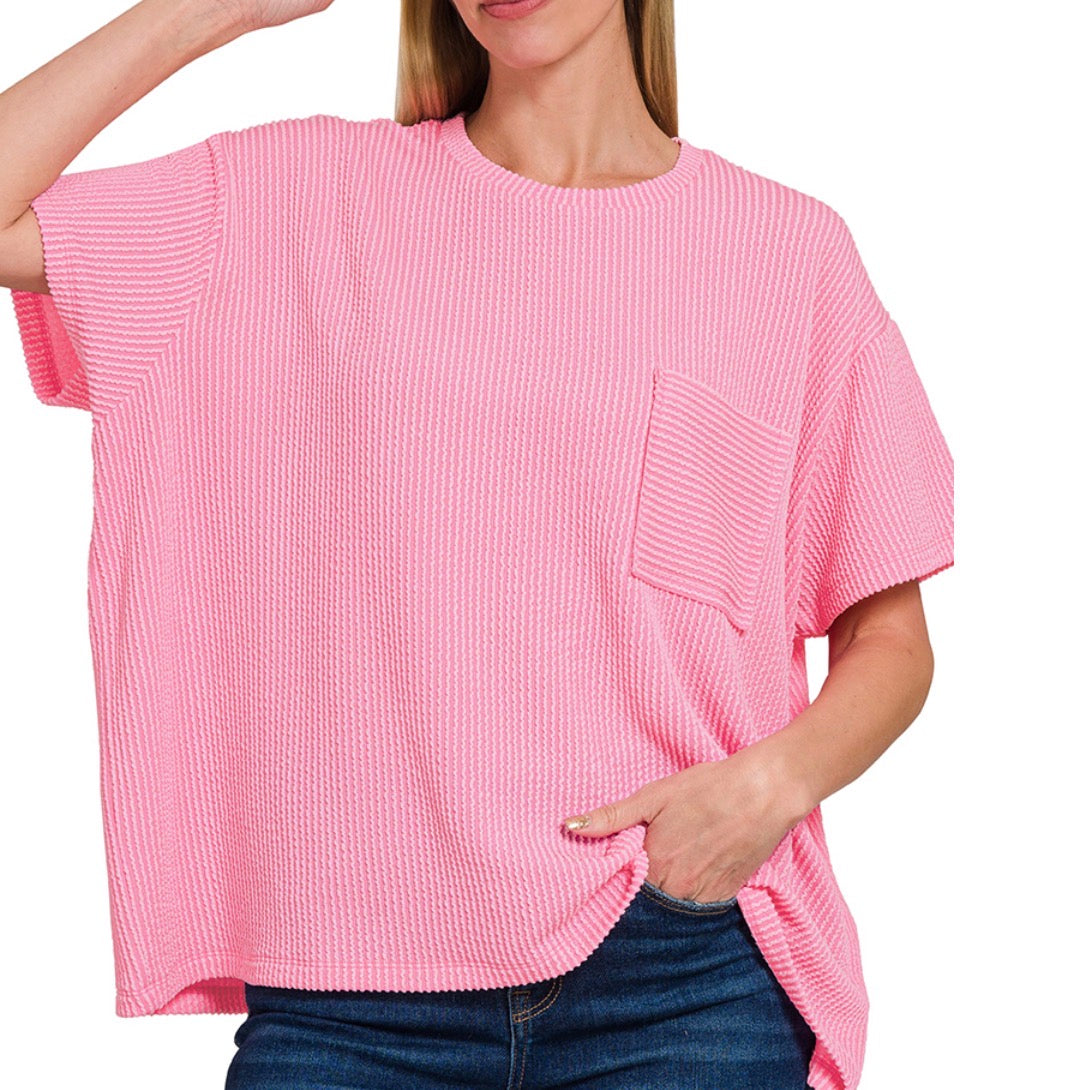 Raised Rib Short Sleeve Pocket Top - Pastel Pink