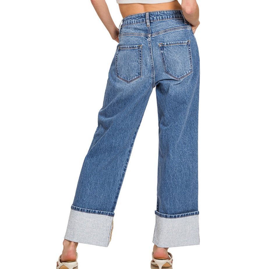 ZENANA HIGH-RISE CUFFED WIDE-LEG DENIM PANTS