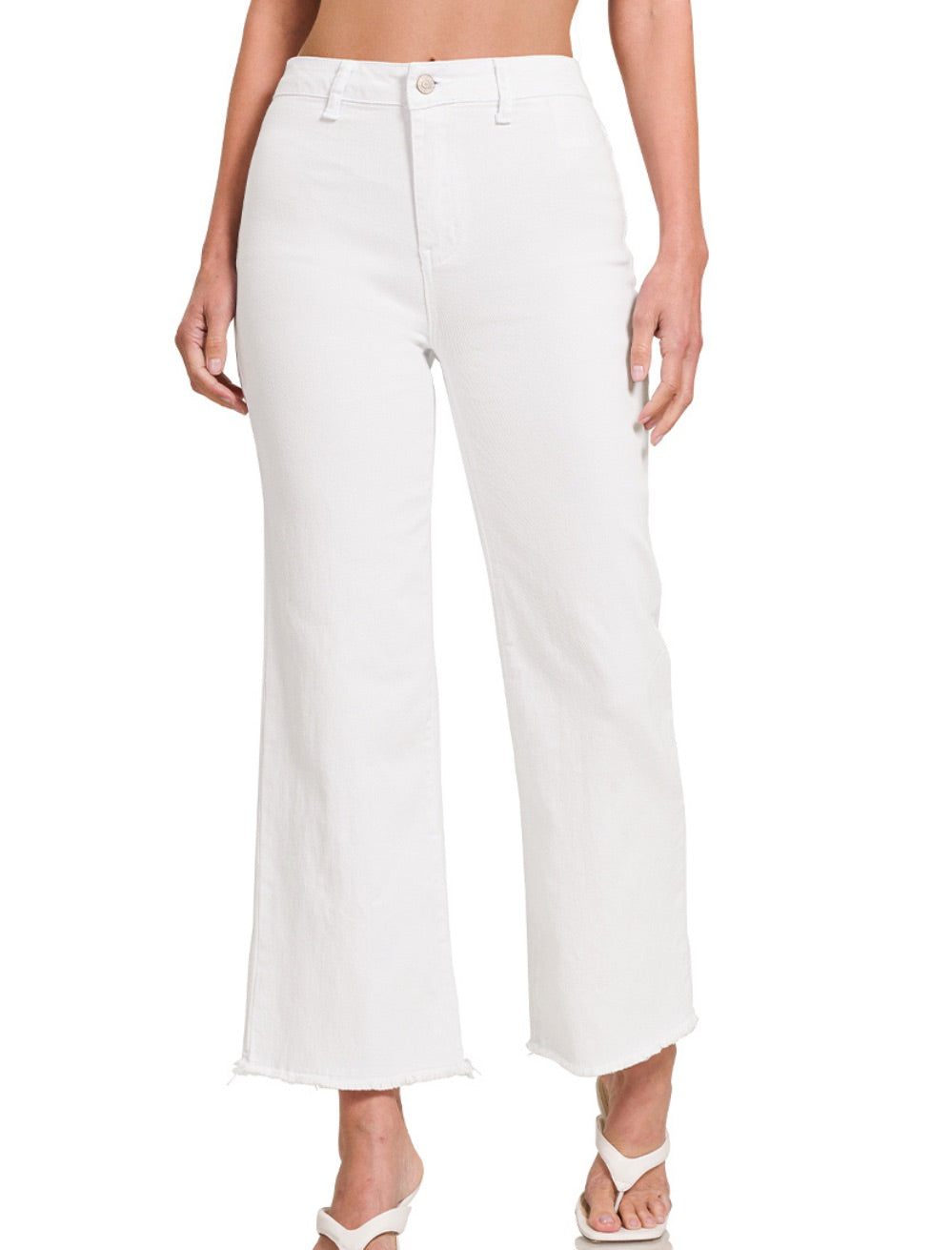 ZENANA WHITE ACID WASHED FRAYED CUTOFF HEM STRAIGHT WIDE PANTS