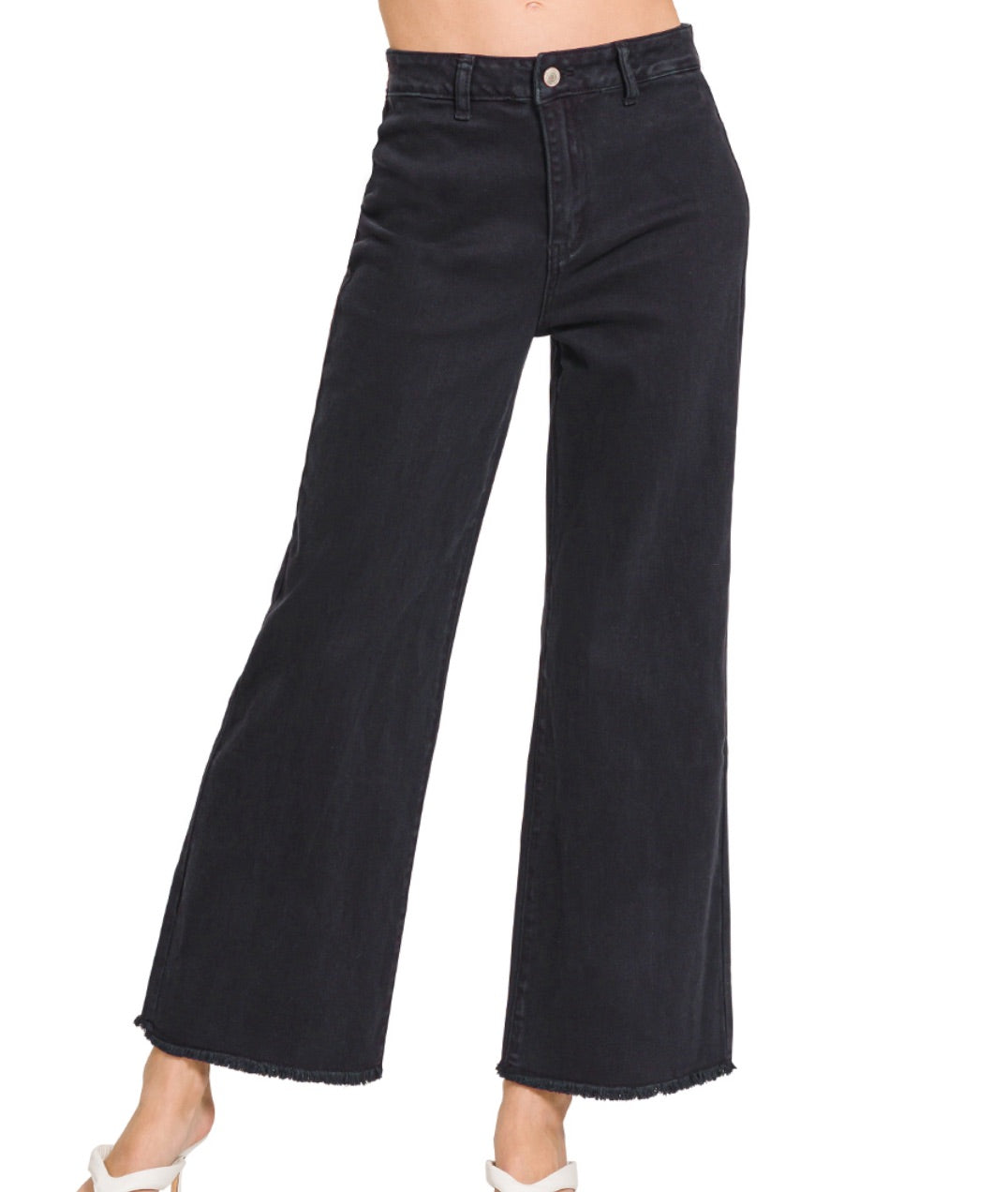 ZENANA BLACK ACID WASHED FRAYED CUTOFF HEM STRAIGHT WIDE PANTS