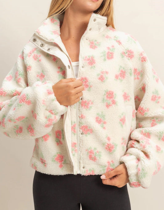 Floral Print Sherpa Zip Up Jacket