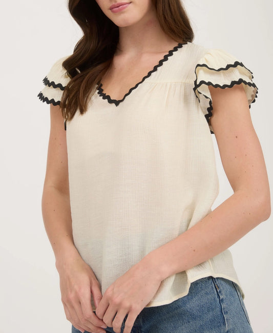 V Neck Wavy Trim Ruffle Sleeve Top