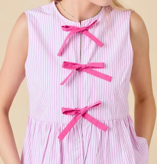 Pink Striped Sleeveless Blouse with Bows