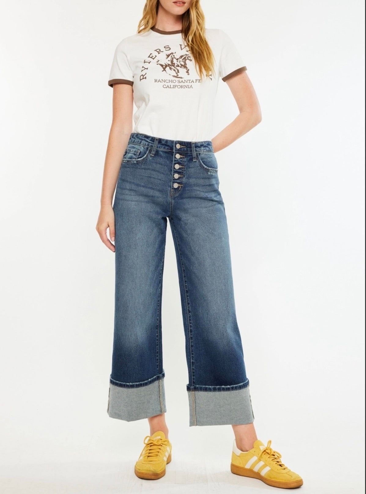 KanCan Button Fly High Rise Cropped Wide Leg Jeans