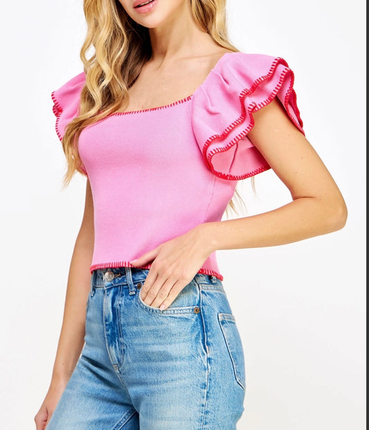 Embroidered Double Ruffle Top