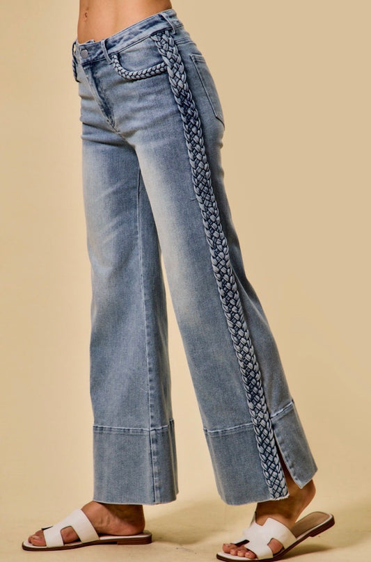 Wide Leg Flare Denim Jeans with Side Braids