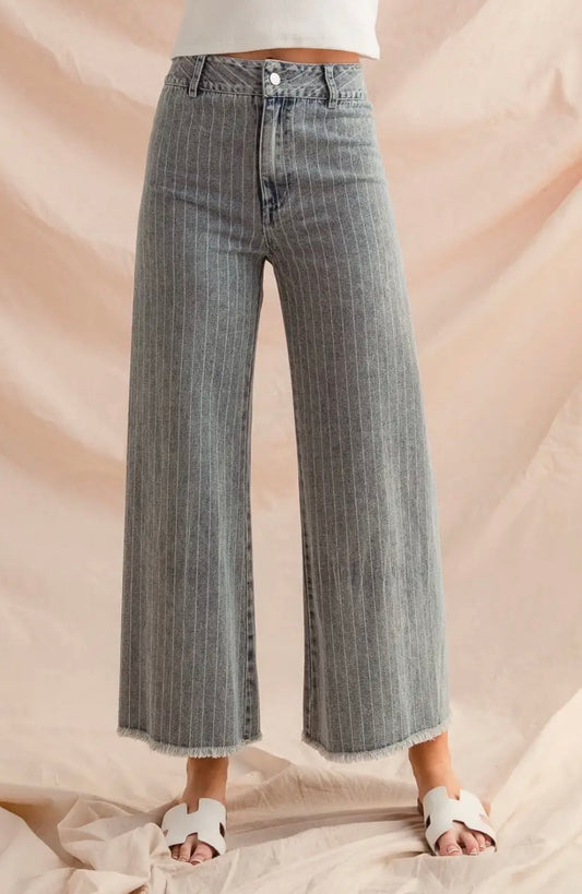 Striped Denim Frayed Hem Pants