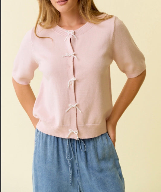 Pearl Bow Button Short Sleeve Cardigan