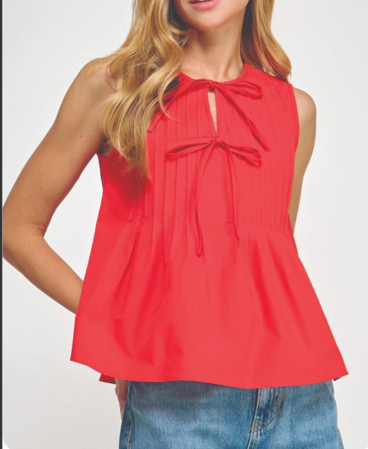 Red Pin-Tuck Tie Detail Sleeveless Blouse