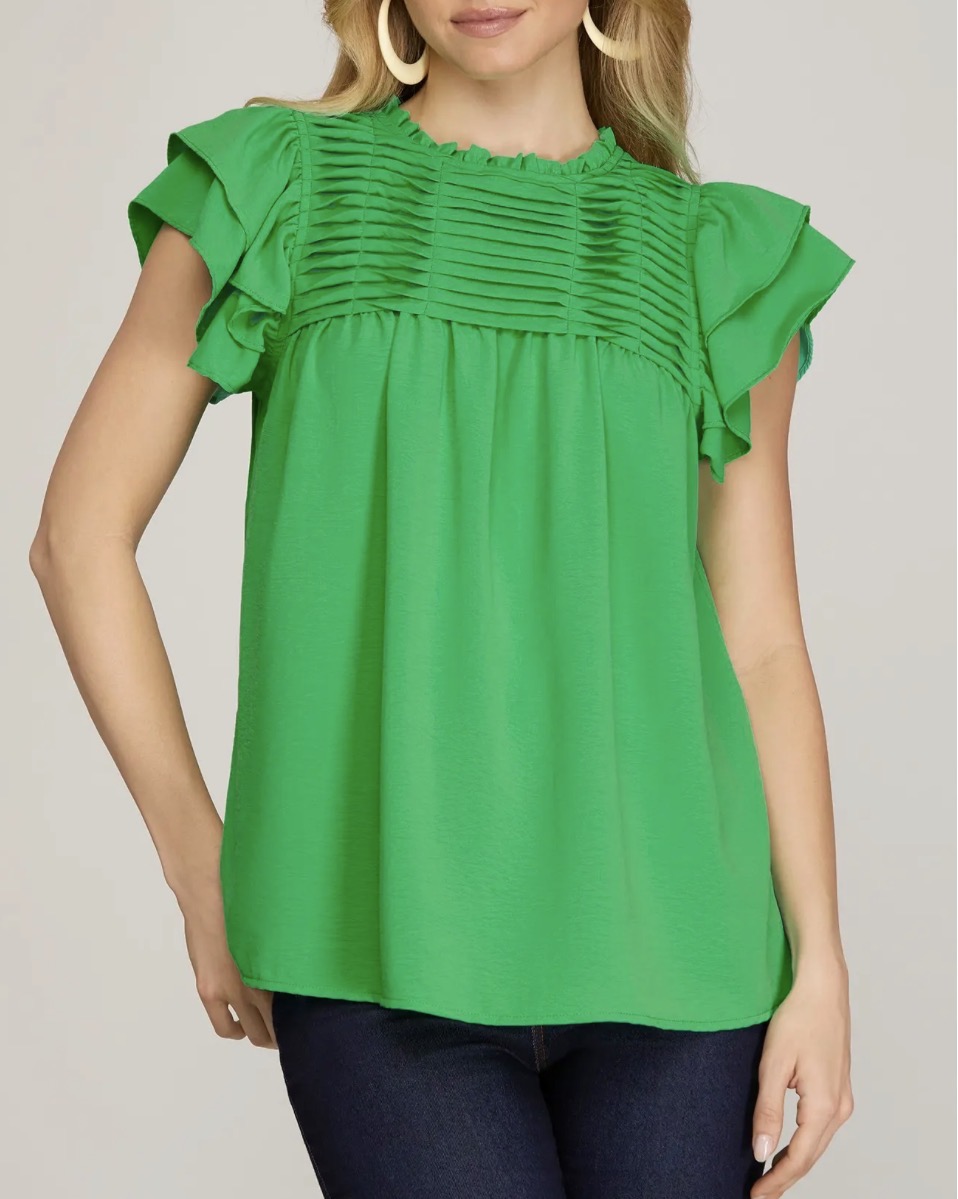 Green Ruffle Sleeve Pleated Top