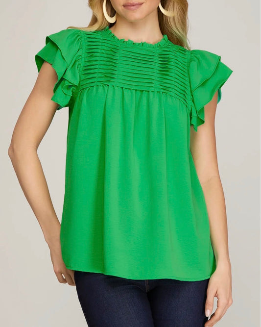 Green Ruffle Sleeve Pleated Top