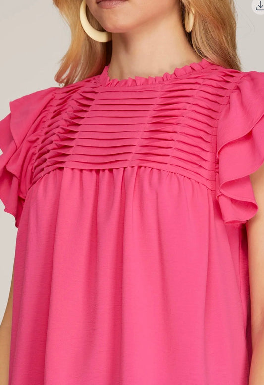 Pink Ruffle Sleeve Pleated Top