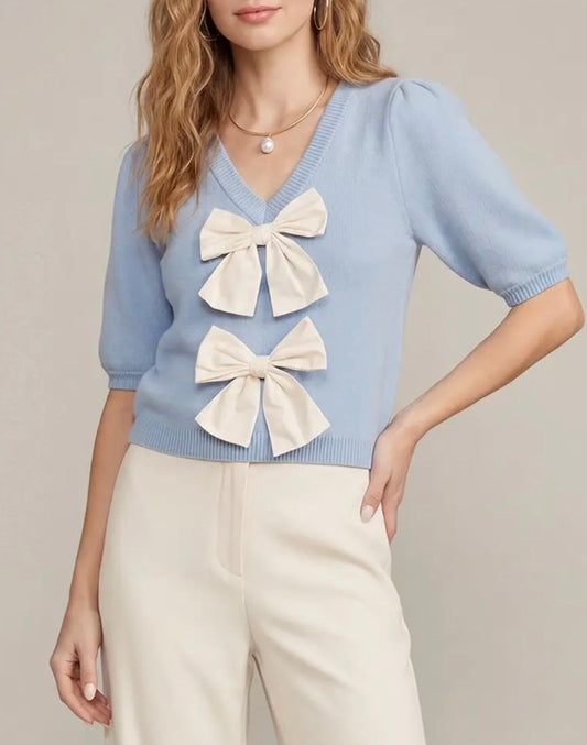Light Blue Puff Sleeve Sweater Top