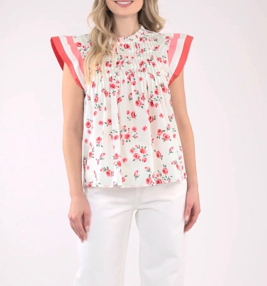Floral Ruffle Sleeve Pintuck Top
