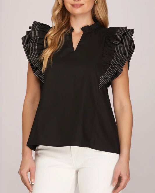 Black Ruffle Sleeve Stich Detail