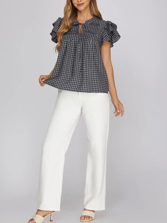Ruffle Sleeve Pintuck Woven Gingham Top