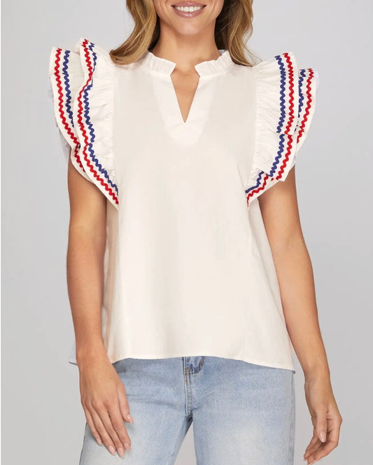 White Top with Red & Blue Detail