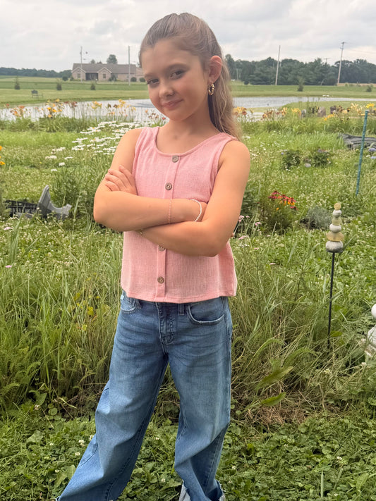 Girls Patterned Button Detail Knit Tank