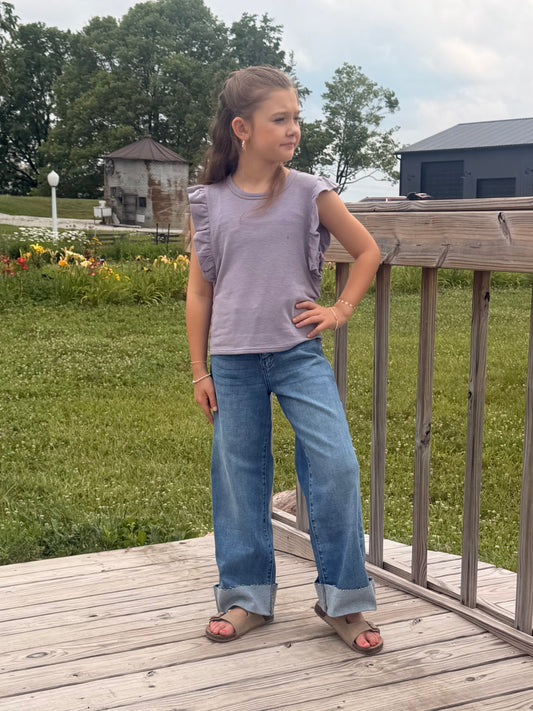 Girls Balloon Ruffle Sleeveless French Terry Knit Tank