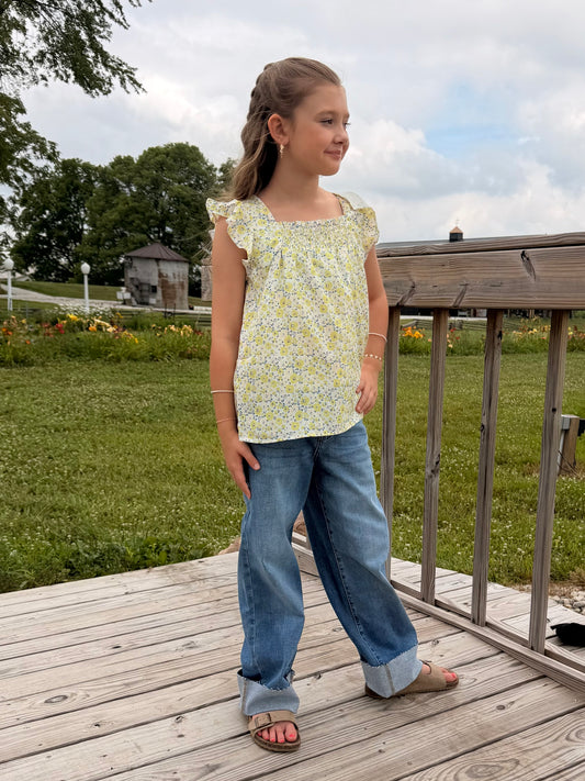 Girls Floral Print Flutter Sleeve Smocked Tank