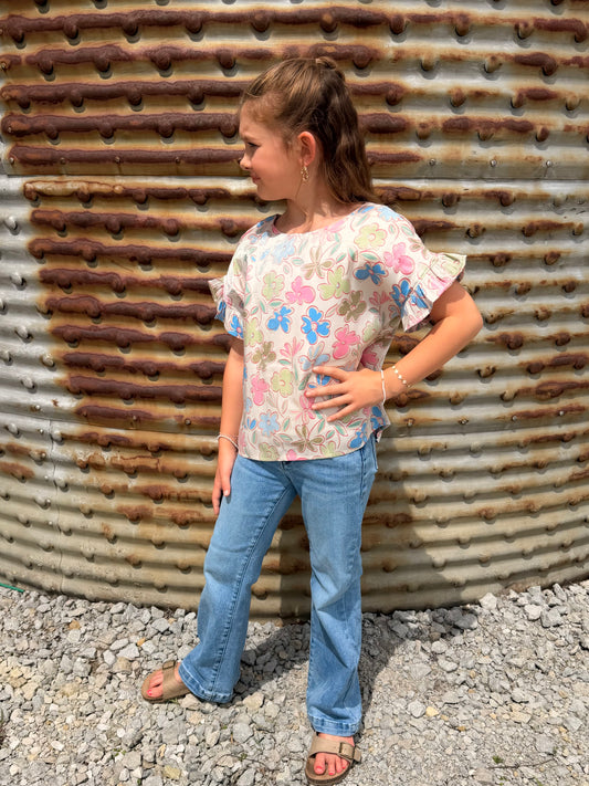 Girls Floral Ruffle Sleeve Top