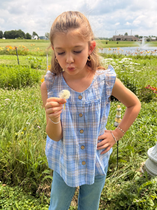 Girls Textured Plaid Ruffled Button Up Tank