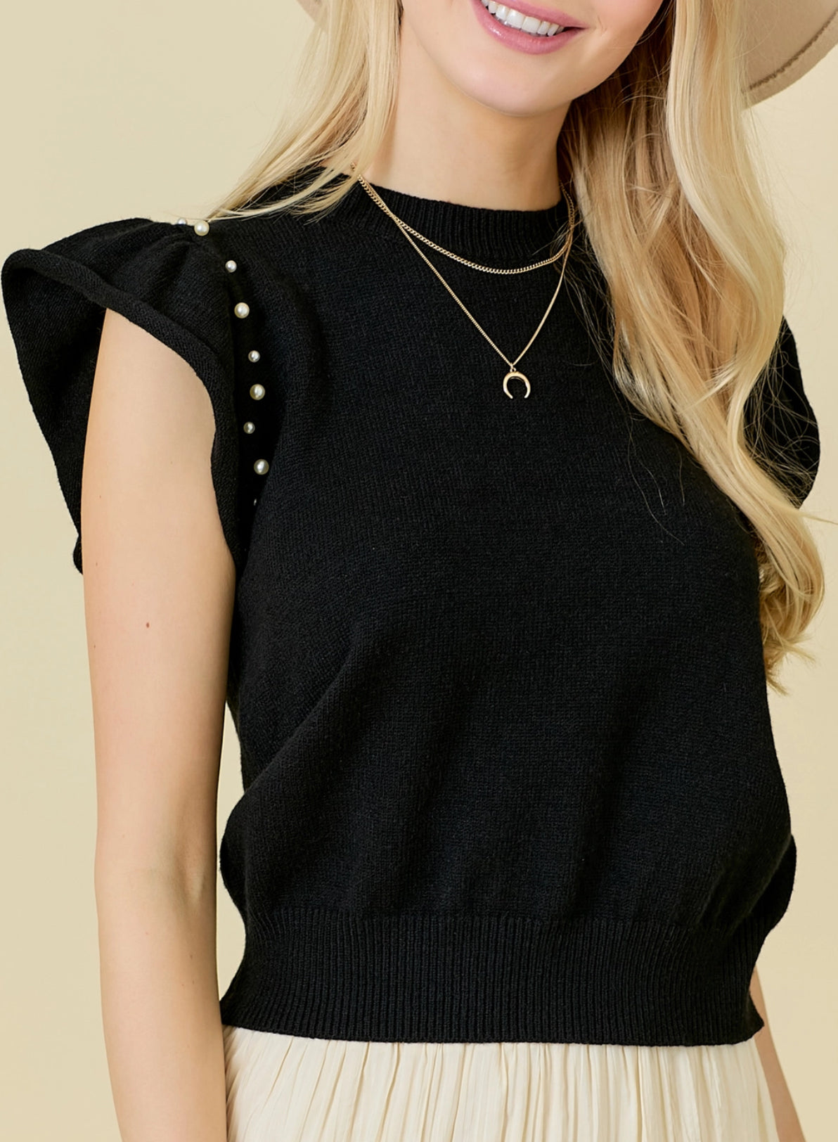 Flutter Ruffle Sleeve Knit Top with Pearl Detail