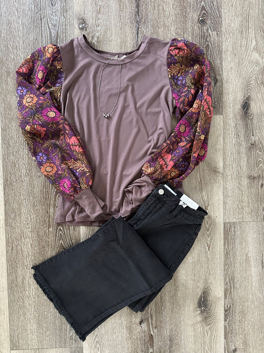 Solid Top with Printed Floral Sleeves