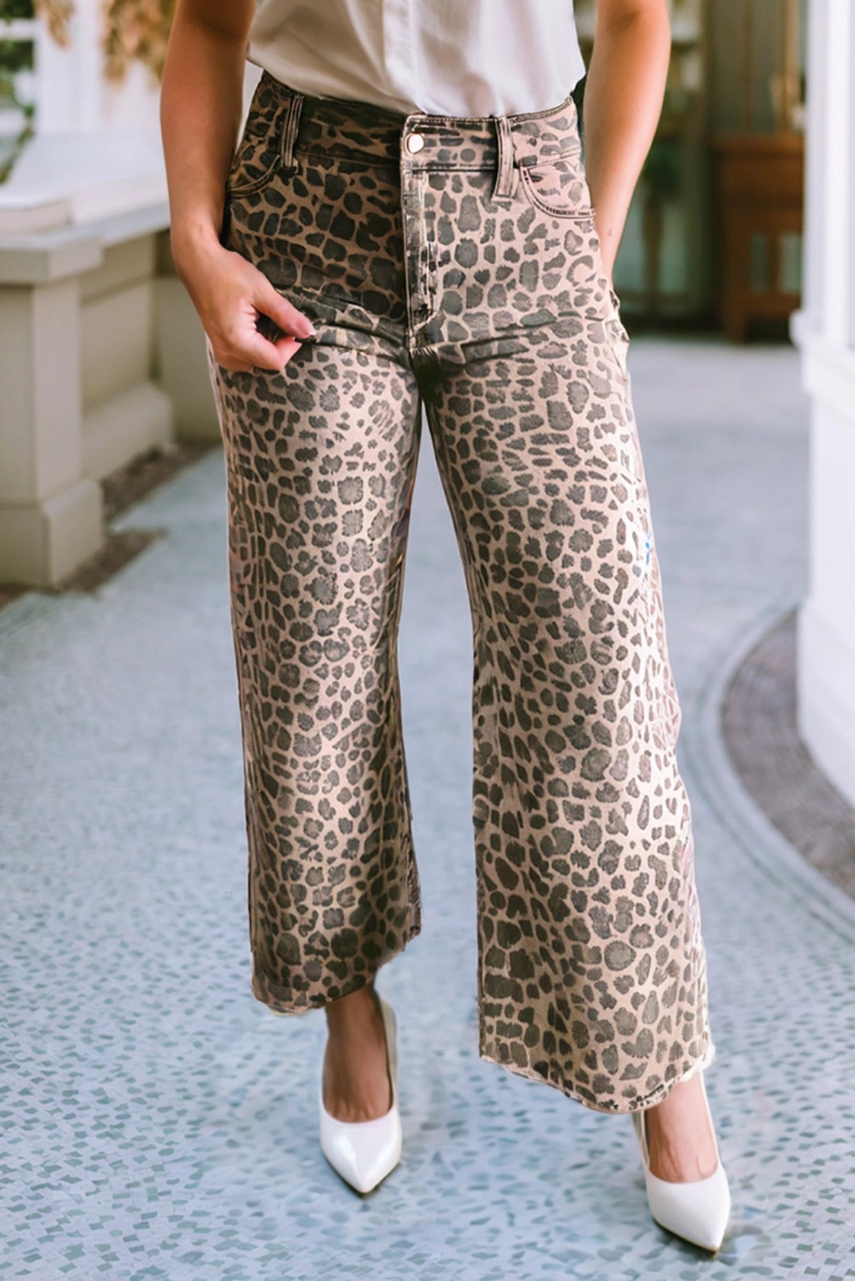 Leopard Frayed Edge Wide Leg High Waisted Pants