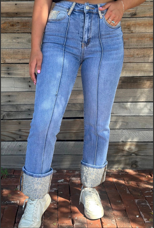 Embroidered Cuffed Jeans
