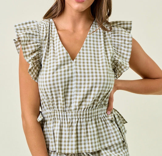 Gingham Ruffle Peplum Top w/ Side Tie