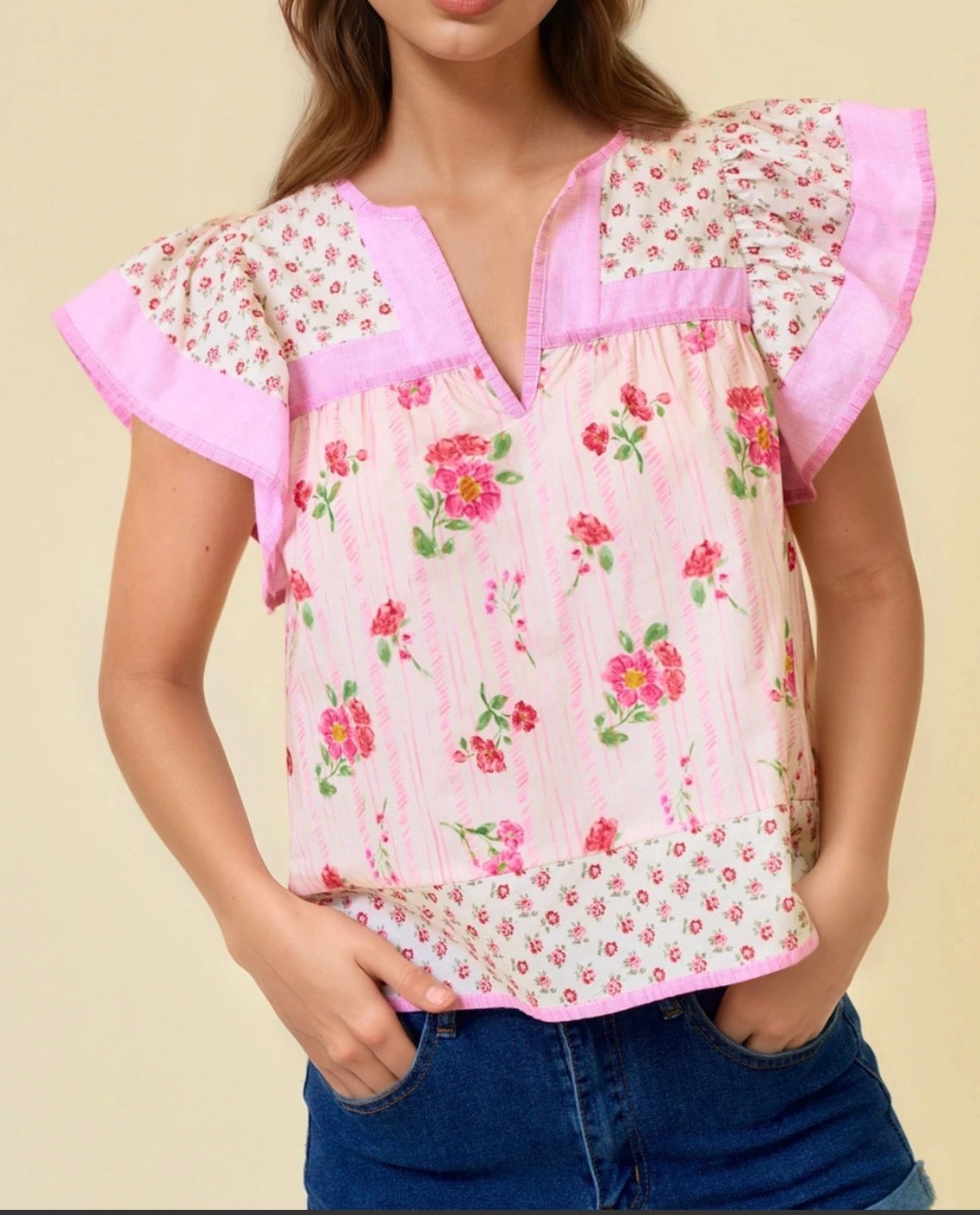 Mixed Print Flutter Sleeve Top