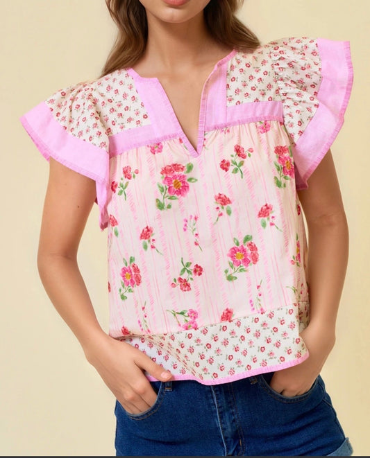 Mixed Print Flutter Sleeve Top