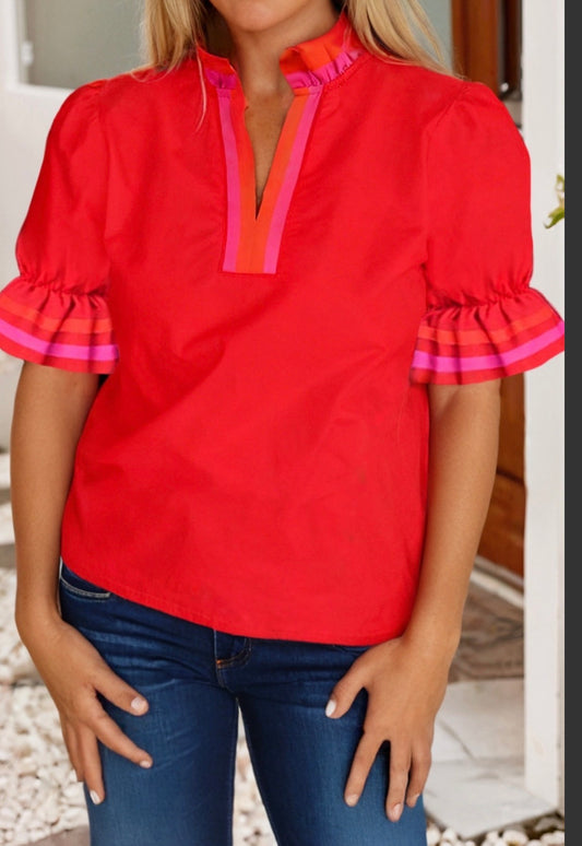 Spring Patchwork Colorblock Mock Neck Blouse