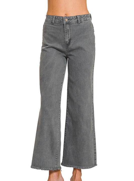 Zenana Grey Frayed Cutoff Hem Straight Wide Pants