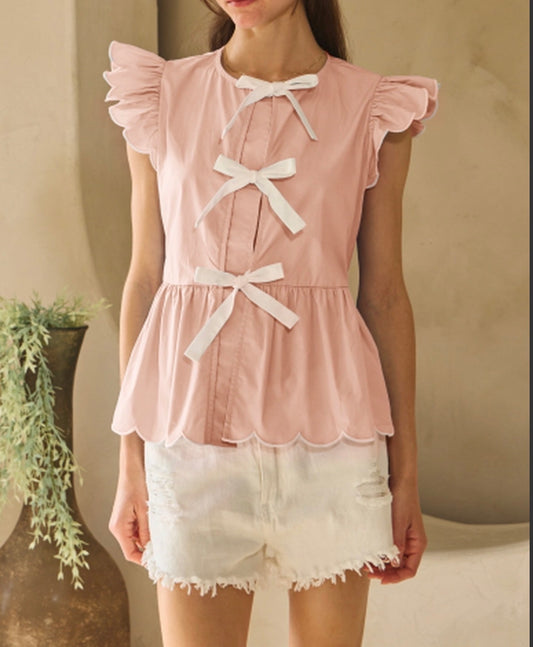 Pink Poplin Front Tie Top