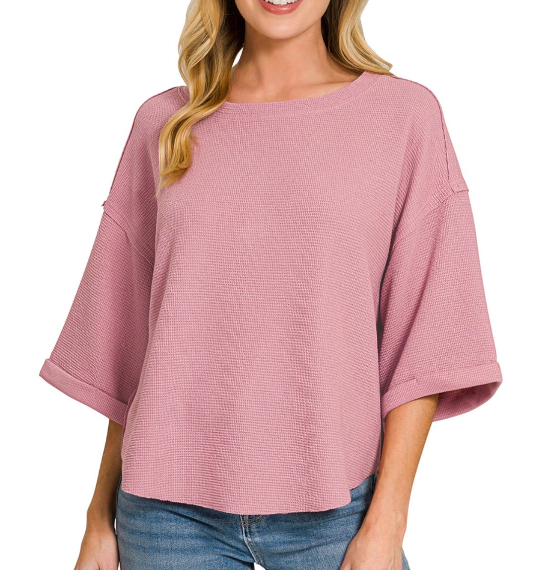 Double Knit Exposed Seam Short Sleeve Top - Rose