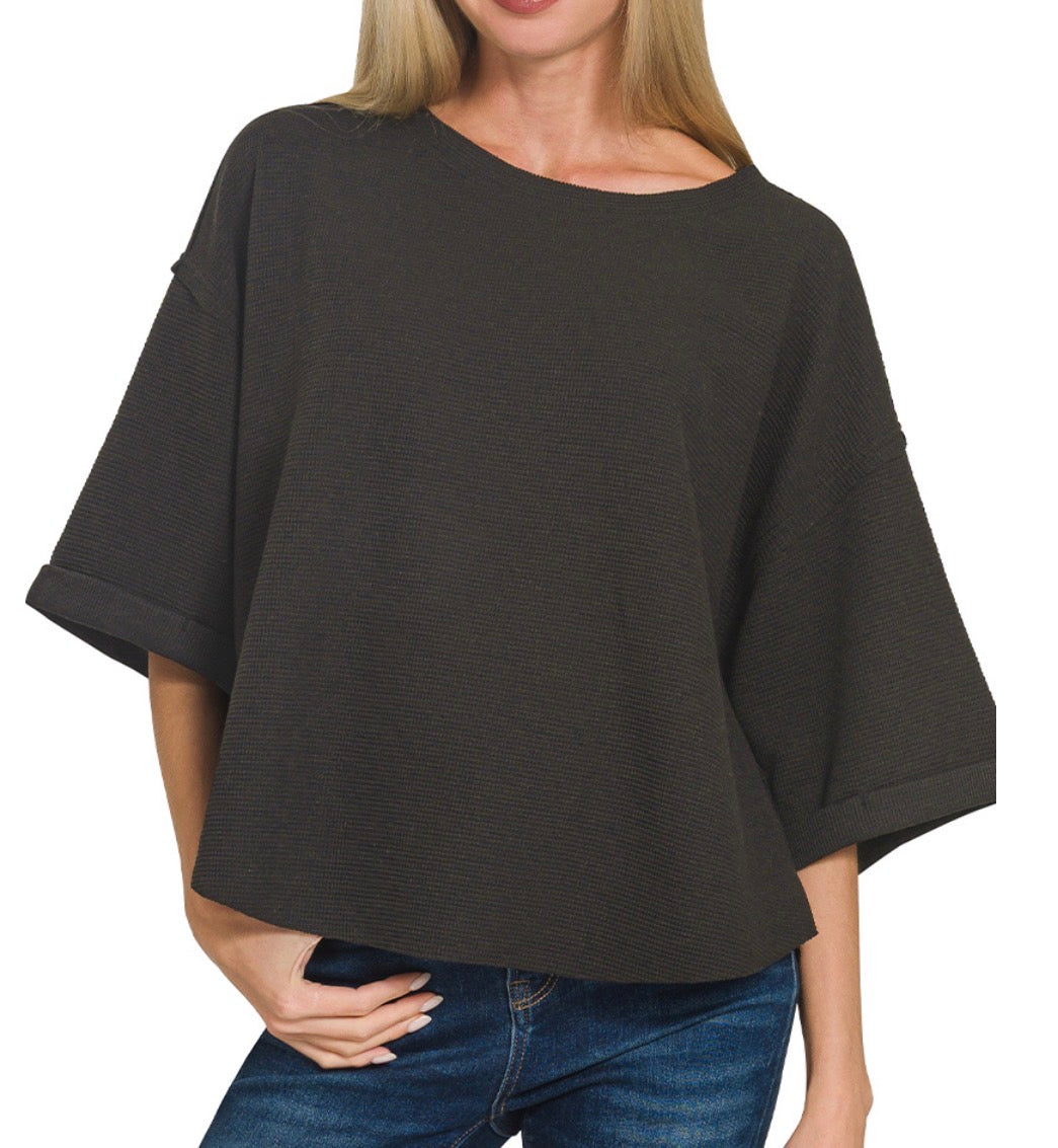 Double Knit Exposed Seam Short Sleeve Top - Black