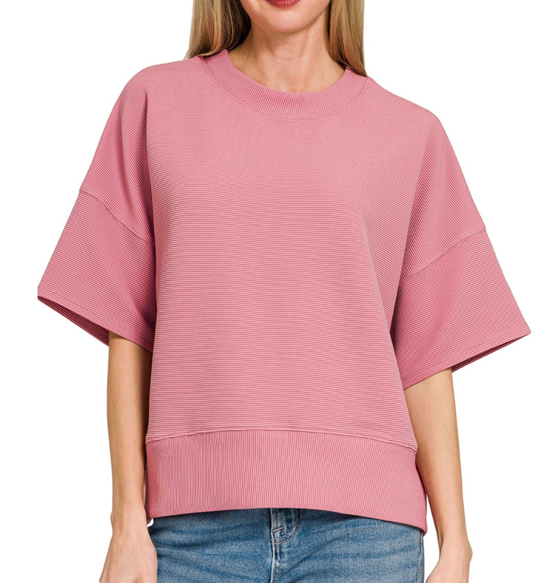 Ribbed Waist Banded Top - Lt Rose