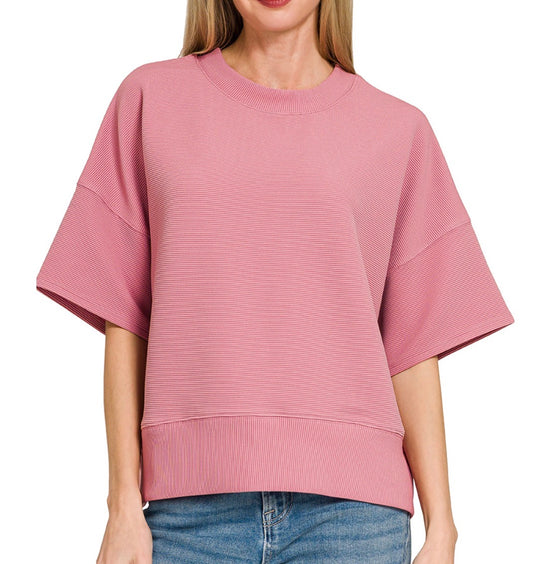 Ribbed Waist Banded Top - Lt Rose