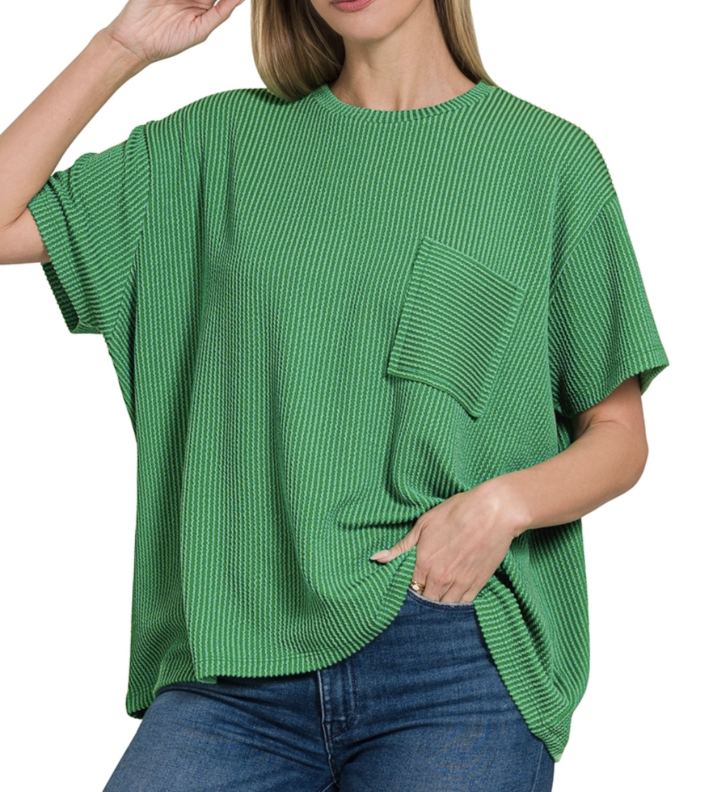 Kelly Green Ribbed Short Sleeve Front Pocket Top