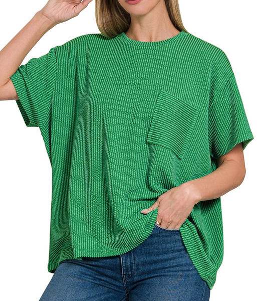 Kelly Green Ribbed Short Sleeve Front Pocket Top