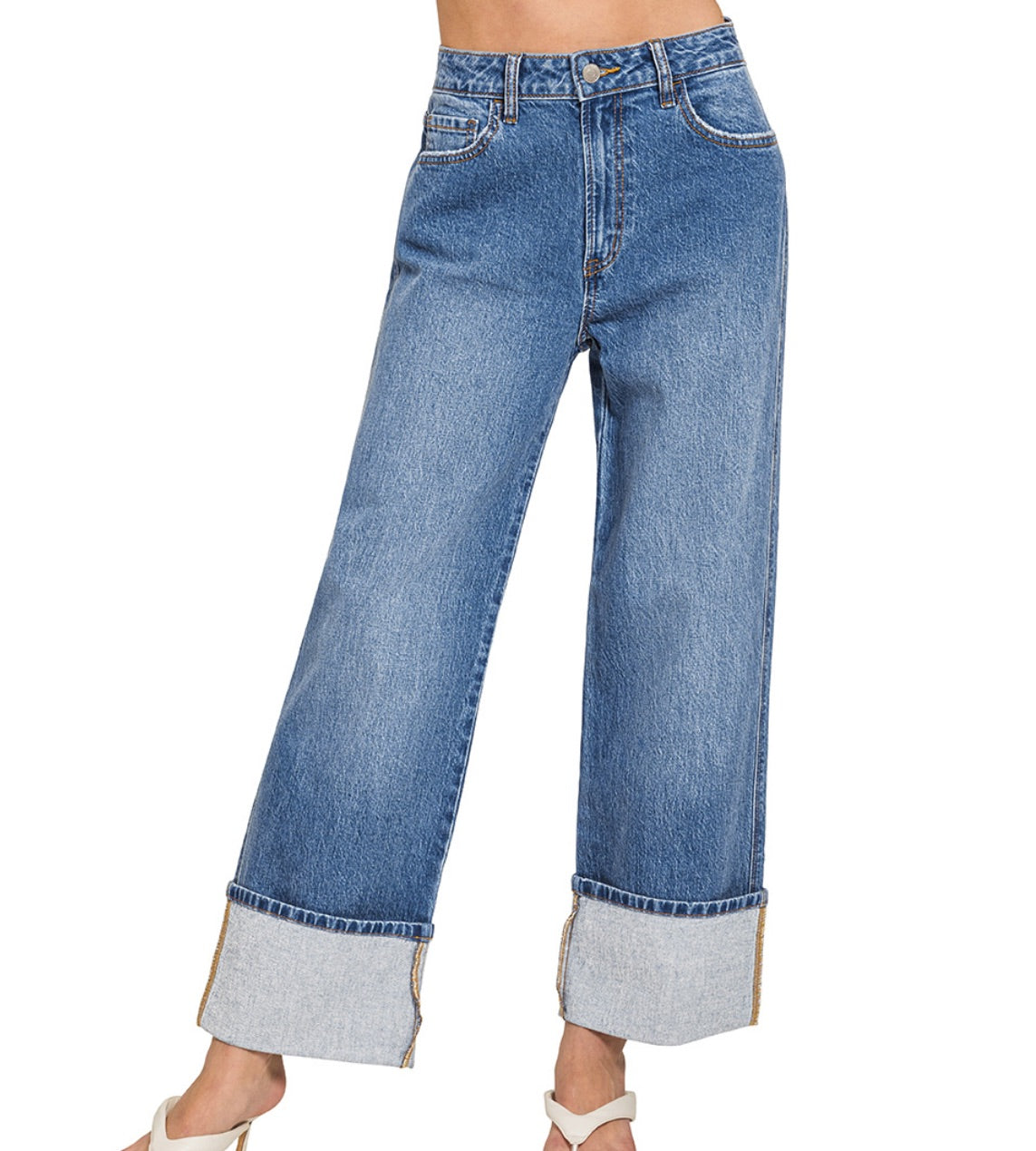 ZENANA HIGH-RISE CUFFED WIDE-LEG DENIM PANTS