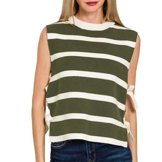 OLIVE SIDE TIE STRIPE SWEATER VEST