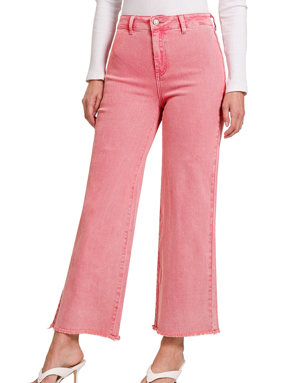 ZENANA PINK FRAYED CUTOFF HEM STRAIGHT WIDE PANTS