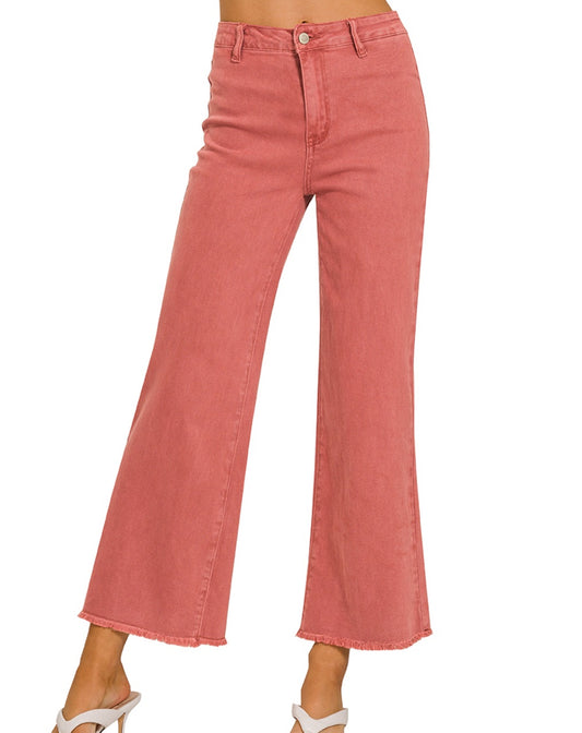 ZENANA RUST ACID WASHED FRAYED CUTOFF HEM STRAIGHT WIDE PANTS